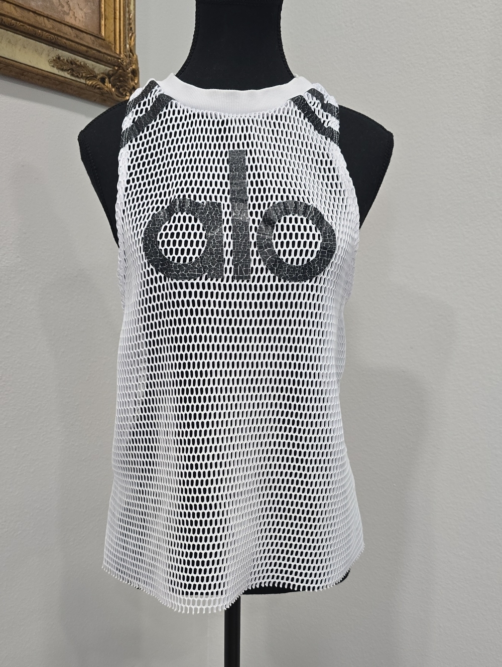 ALO Yoga White Mesh Logo Racerback Tank with Black Logo